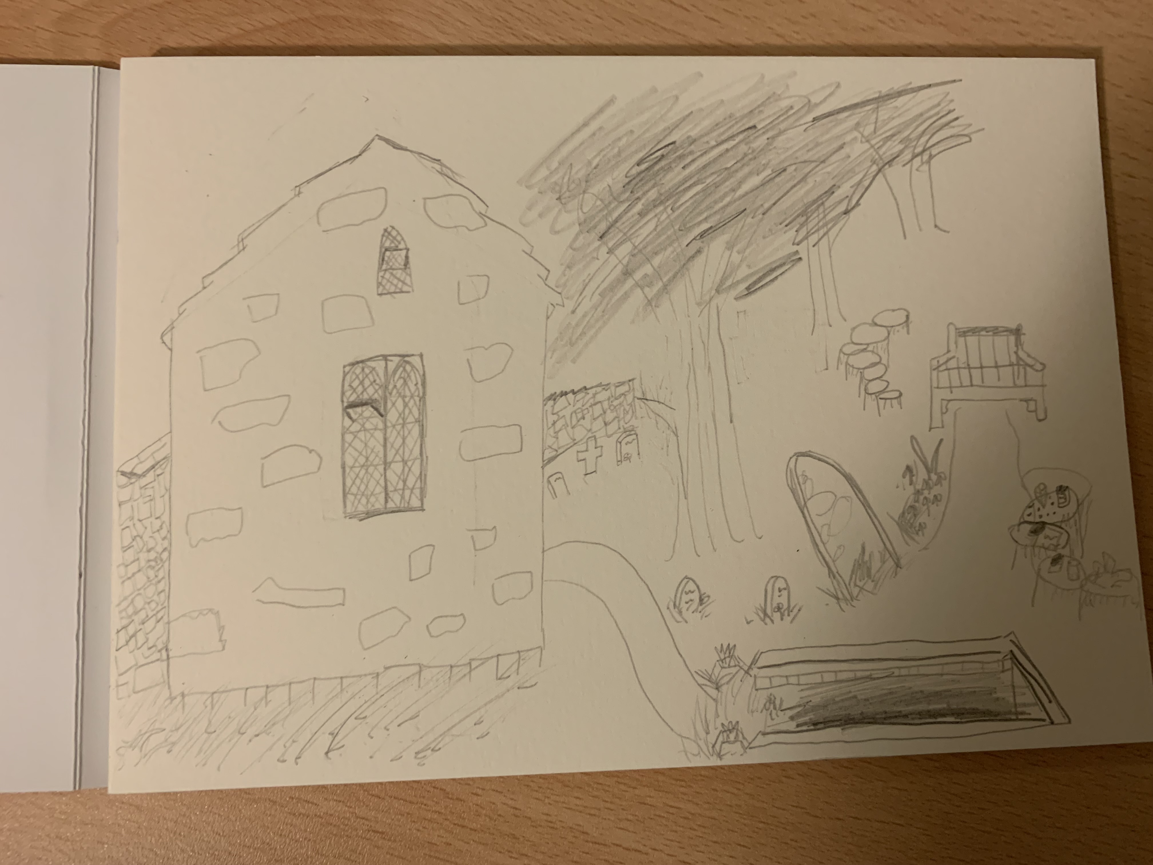My attempt at sketching the graveyard of the Church of St. Margaret of Antioch